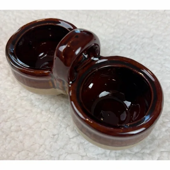 (VTG) Brown/Tan Ceramic Double Condiment Caddy Dish with Spoon - Picture 9 of 14